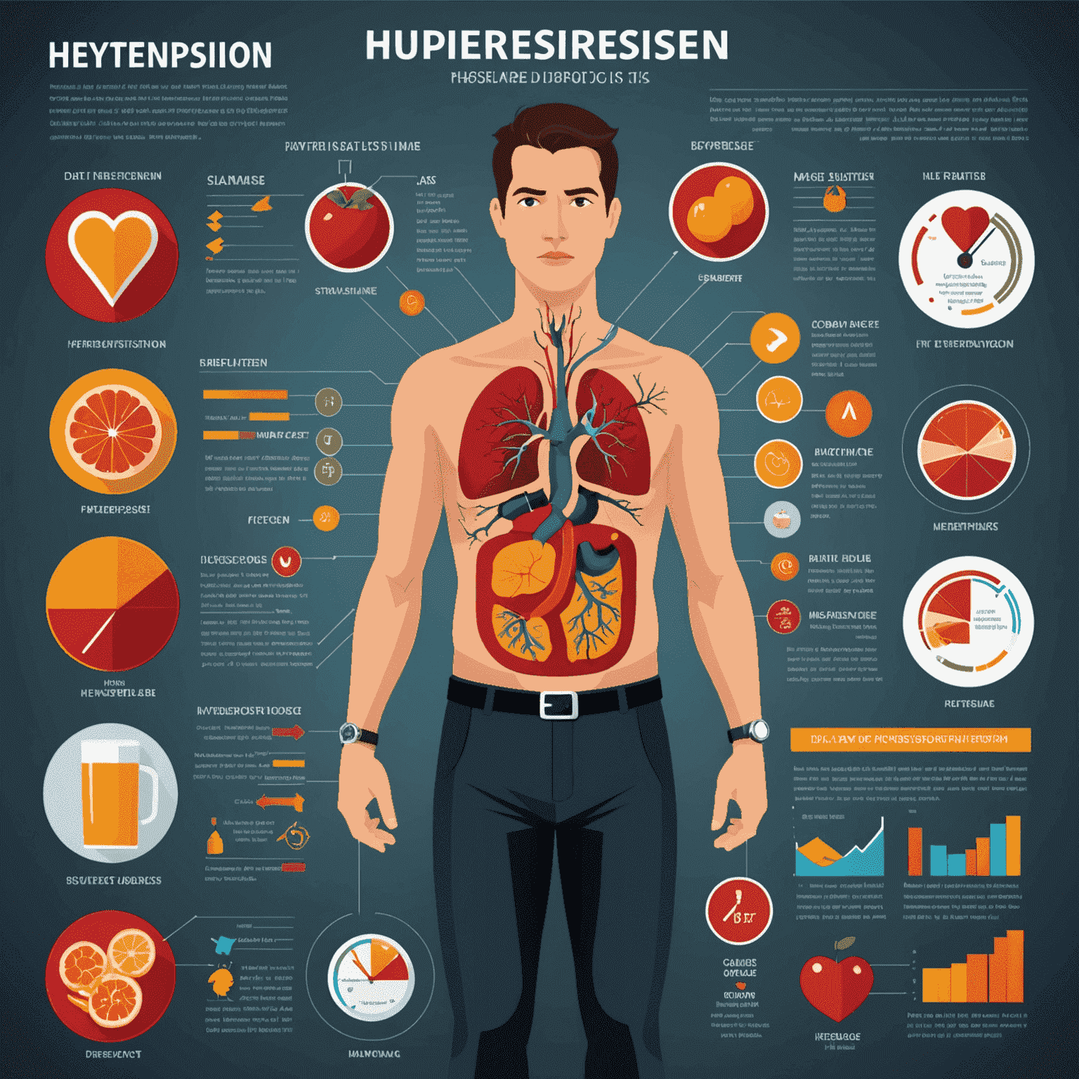 O ilustrație infografică care prezintă cauzele hipertensiunii, inclusiv factori de risc precum dieta, stresul și lipsa exercițiilor fizice.